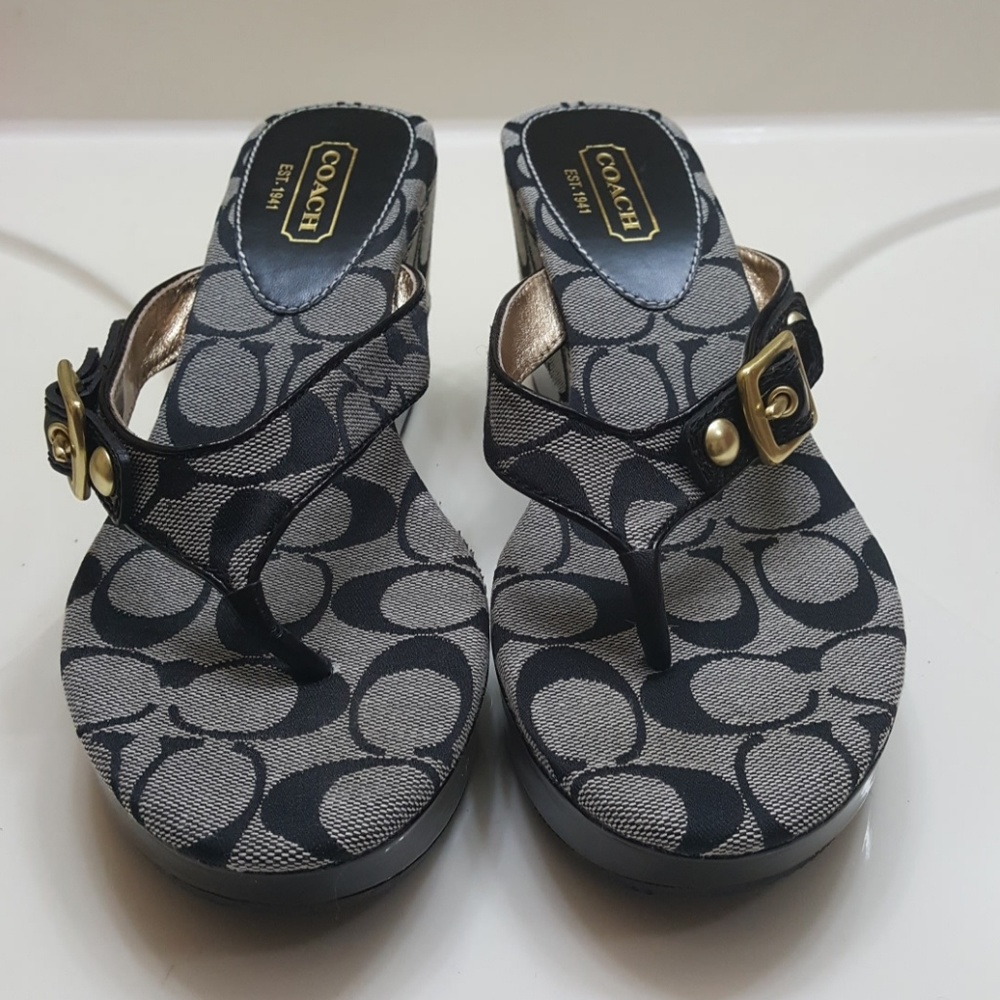 Coach black thong wedge sandal